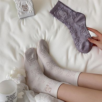 Women's 3-Pair Crew Sock Set Teddy Bear Textured Knit Soft Stretch Comfortable Everyday Socks