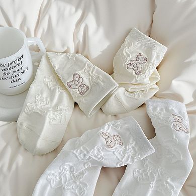 Women's 3-Pair Crew Sock Set Teddy Bear Textured Knit Soft Stretch Comfortable Everyday Socks