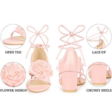 Women's Flower Lace Up Strappy Chunky Heel Sandals
