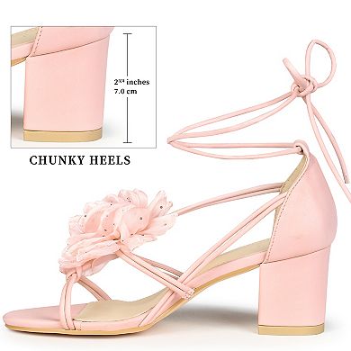 Women's Flower Lace Up Strappy Chunky Heel Sandals