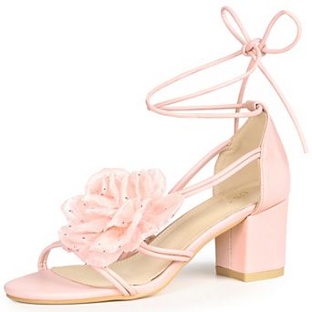 Women's Flower Lace Up Strappy Chunky Heel Sandals