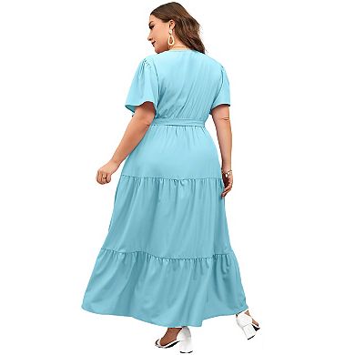 Plus Size Short Sleeve Wrap Maxi Dress - V-Neck Summer Dress with Belt