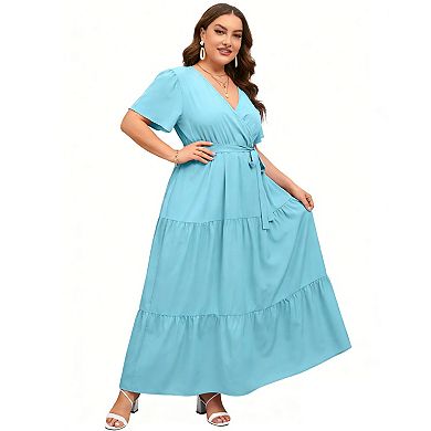 Plus Size Short Sleeve Wrap Maxi Dress - V-Neck Summer Dress with Belt