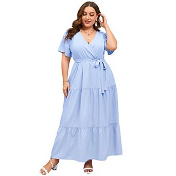 Plus Size Short Sleeve Wrap Maxi Dress - V-Neck Summer Dress with Belt