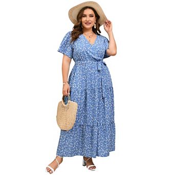 Plus Size Short Sleeve Wrap Maxi Dress - V-Neck Summer Dress with Belt