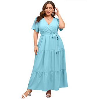Plus Size Short Sleeve Wrap Maxi Dress - V-Neck Summer Dress with Belt