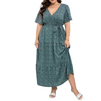 Plus Size Short Sleeve Wrap Maxi Dress - V-Neck Summer Dress with Belt