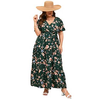 Plus Size Short Sleeve Wrap Maxi Dress - V-Neck Summer Dress with Belt
