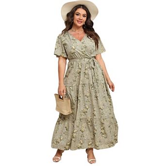 Plus Size Short Sleeve Wrap Maxi Dress - V-Neck Summer Dress with Belt