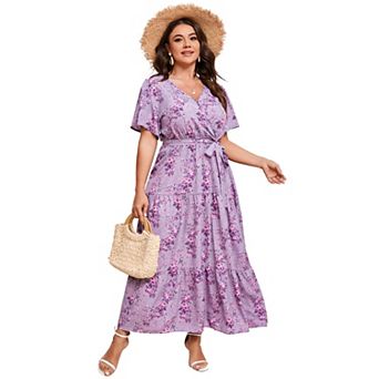 Plus Size Short Sleeve Wrap Maxi Dress - V-Neck Summer Dress with Belt