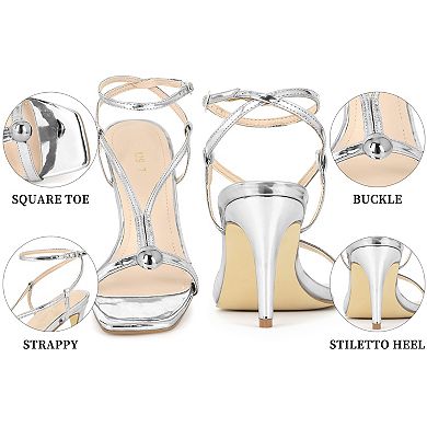 Women's Square Toe Stiletto Heel Buckle Ankle Strap Sandals