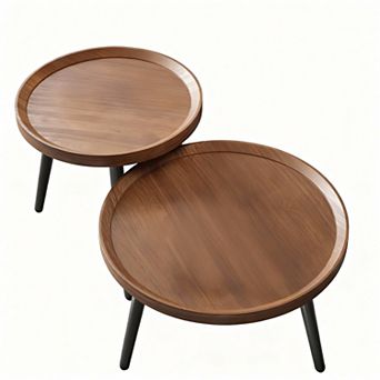 2 Small Round Coffee Table Set Mid Century Modern Walnut Nesting for Living Room