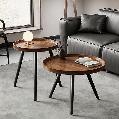 2 Small Round Coffee Table Set Mid Century Modern Walnut Nesting for Living Room