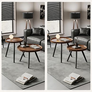 2 Small Round Coffee Table Set Mid Century Modern Walnut Nesting for Living Room