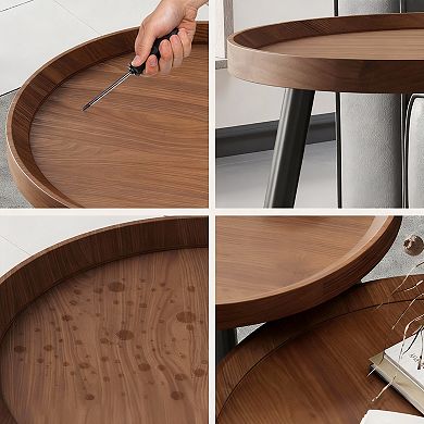 2 Small Round Coffee Table Set Mid Century Modern Walnut Nesting for Living Room