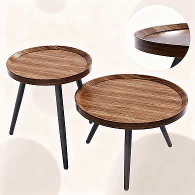 2 Small Round Coffee Table Set Mid Century Modern Walnut Nesting for Living Room