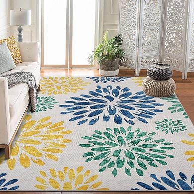 Modern Floral Print Low-Pile Durable Non-Slip Rug