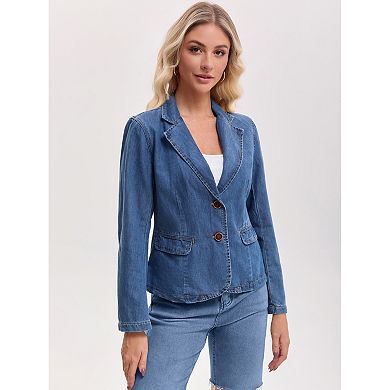 Women's Denim Jacket Notched Lapel Collar Long Sleeve Button Lightweight Fitted Denim Blazer