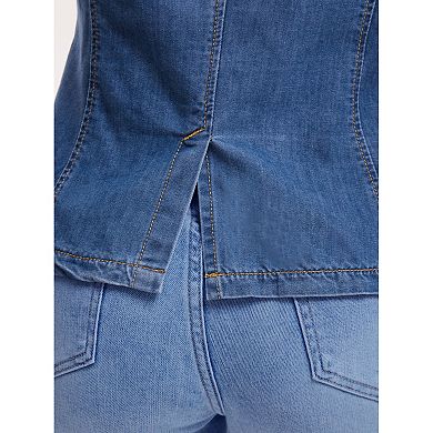 Women's Denim Jacket Notched Lapel Collar Long Sleeve Button Lightweight Fitted Denim Blazer