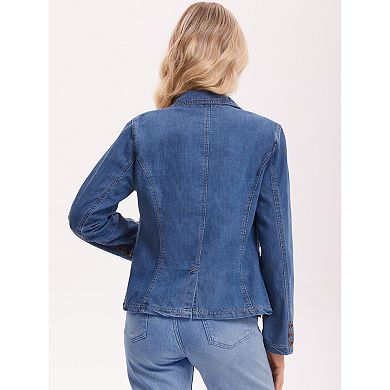 Women's Denim Jacket Notched Lapel Collar Long Sleeve Button Lightweight Fitted Denim Blazer