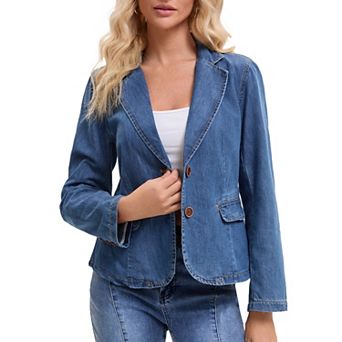 Women's Denim Jacket Notched Lapel Collar Long Sleeve Button Lightweight Fitted Denim Blazer