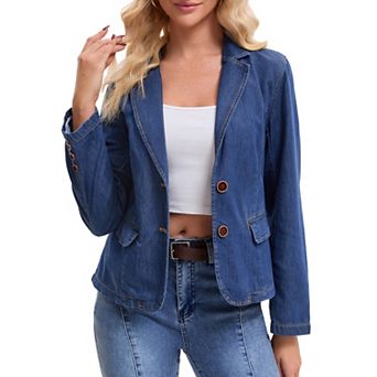 Women's Denim Jacket Notched Lapel Collar Long Sleeve Button Lightweight Fitted Denim Blazer