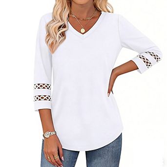 Women's 3/4 Sleeve Eyelet Blouse - V-Neck Tunic Top for Office, Casual & Daily Wear