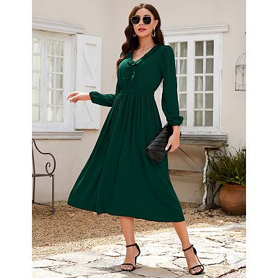 midi long sleeve dress casual Women's Elegant Long Sleeve Pleated Midi Dress with Belt V-Neck Button Down  A-Line Dress for Formal and Casual Occasions