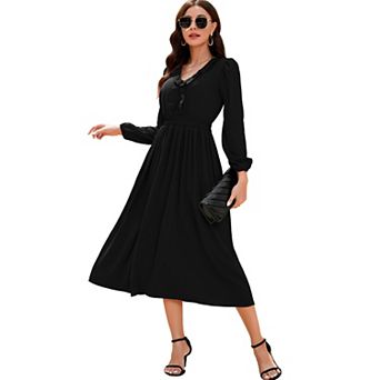 Women's Casual Midi Dress Ruffle V Neck Lantern Long Sleeve Smocked Waist A Line Dress