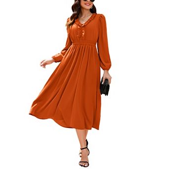 Women's Casual Midi Dress Ruffle V Neck Lantern Long Sleeve Smocked Waist A Line Dress