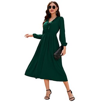 Women's Casual Midi Dress Ruffle V Neck Lantern Long Sleeve Smocked Waist A Line Dress
