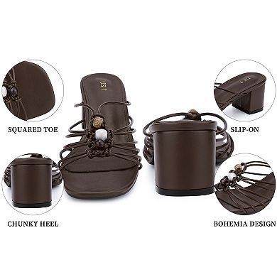 Women's Square Toe Block Heels Slip on Bead Sandals