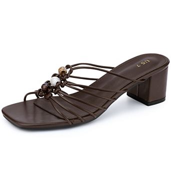 Women's Square Toe Block Heels Slip on Bead Sandals