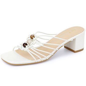 Women's Square Toe Block Heels Slip on Bead Sandals