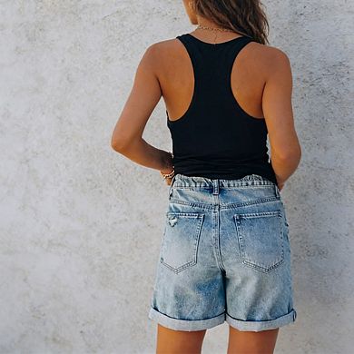 Women's High Waist Distressed Hem Rolled Cuff Relaxed Fit Denim Shorts