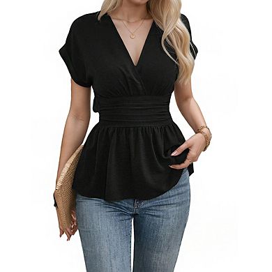 Women's V Neck Rolled Cuff Short Sleeve Ruched Waist Casual Peplum Blouse