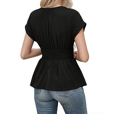 Women's V Neck Rolled Cuff Short Sleeve Ruched Waist Casual Peplum Blouse