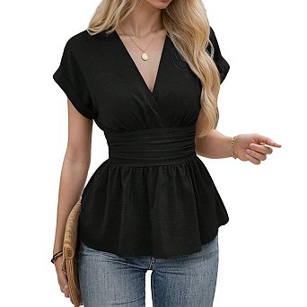 Women's V Neck Rolled Cuff Short Sleeve Ruched Waist Casual Peplum Blouse