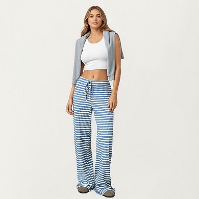 Women's Striped Wide Leg Lounge Pants with Adjustable Drawstring Waist and Relaxed Fit