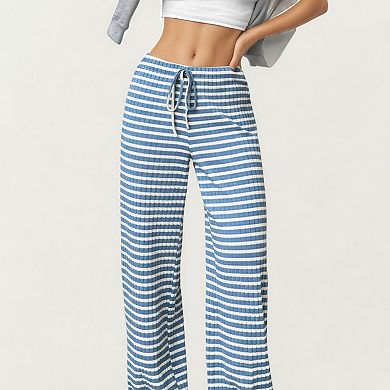 Women's Striped Wide Leg Lounge Pants with Adjustable Drawstring Waist and Relaxed Fit