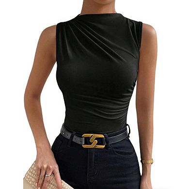 Women's High Neck Sleeveless Top Asymmetric Ruched Side Stretchy Shirts
