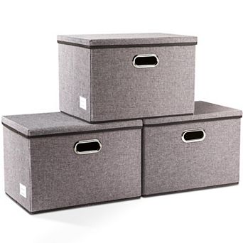 3-Pack Foldable Storage Bins with Lids - Durable Linen, Space-Saving, Reinforced