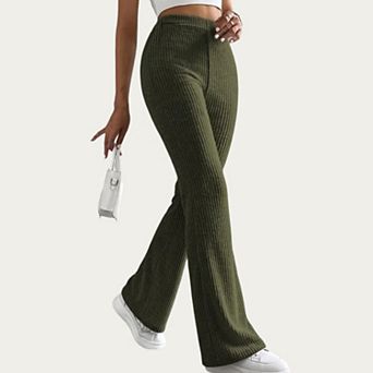 Women's Soft Ribbed Knit Lounge Pants with Flared Leg Silhouette and Comfortable High Waist Fit