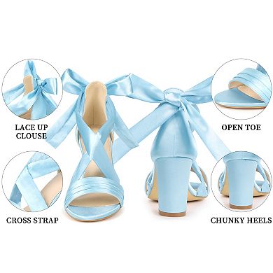 Women's Satin Lace Up Cross Strap Chunky Heel Sandals