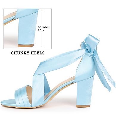 Women's Satin Lace Up Cross Strap Chunky Heel Sandals