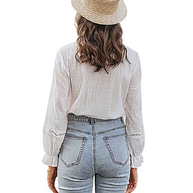 Women's V Neck Ruffle Trim Lace Applique Button Front Long Sleeve Swiss Dot Blouse