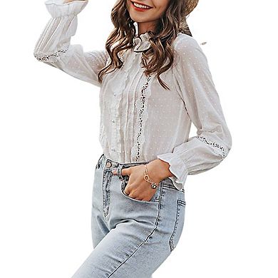 Women's V Neck Ruffle Trim Lace Applique Button Front Long Sleeve Swiss Dot Blouse