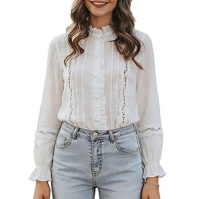 Women's V Neck Ruffle Trim Lace Applique Button Front Long Sleeve Swiss Dot Blouse