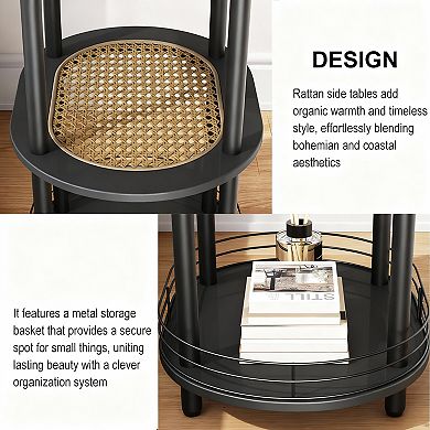 3-Tier Oval Side Table with Woven Rattan Shelf & Hidden Storage