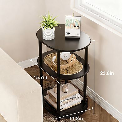 3-Tier Oval Side Table with Woven Rattan Shelf & Hidden Storage